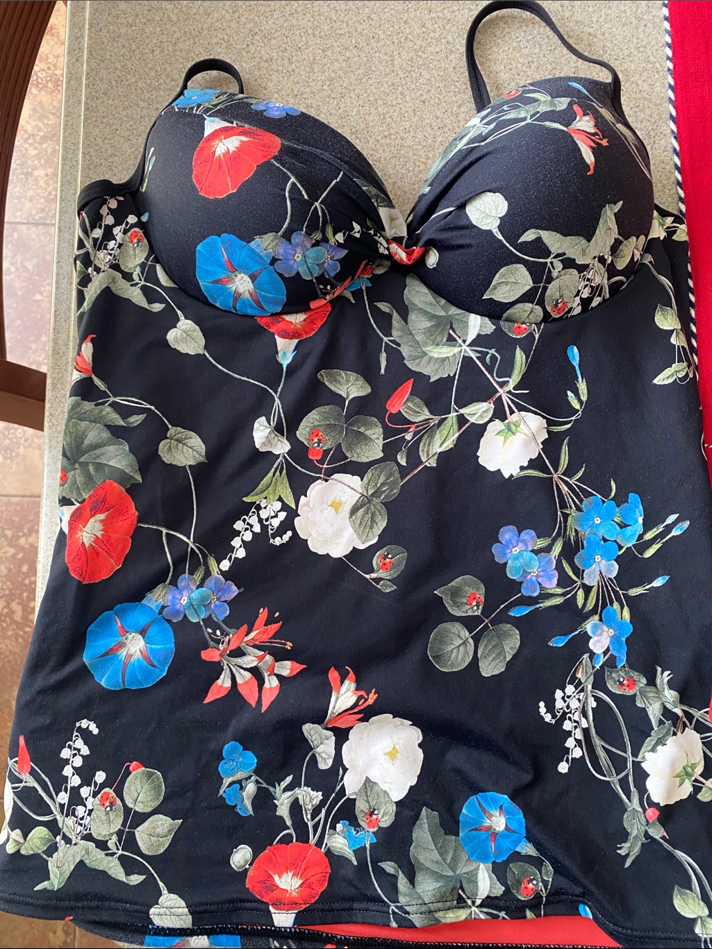 Chantelle Black Floral Chemise With Red, Blue & White Blooms